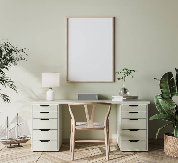 istock mock up frame in bright farmhouse interior background, wooden office 1296311657