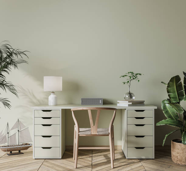 istock mock up wall in bright farmhouse interior background, wooden office 1296311714