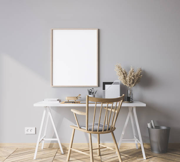 istock mock up frame in bright farmhouse interior background, white wooden office on gray wall 1296311717
