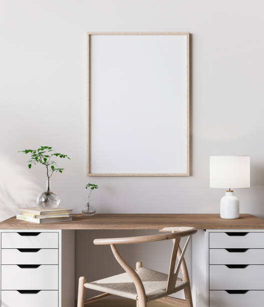 istock mock up frame in bright farmhouse interior background, wooden office 1296311751