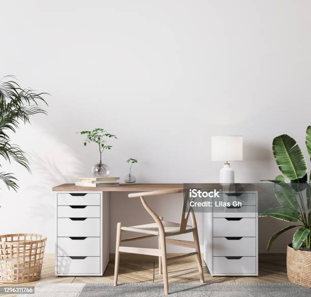 Mock Up Wall In Bright Farmhouse Interior Background Wooden Office Stock Photo - Download Image Now