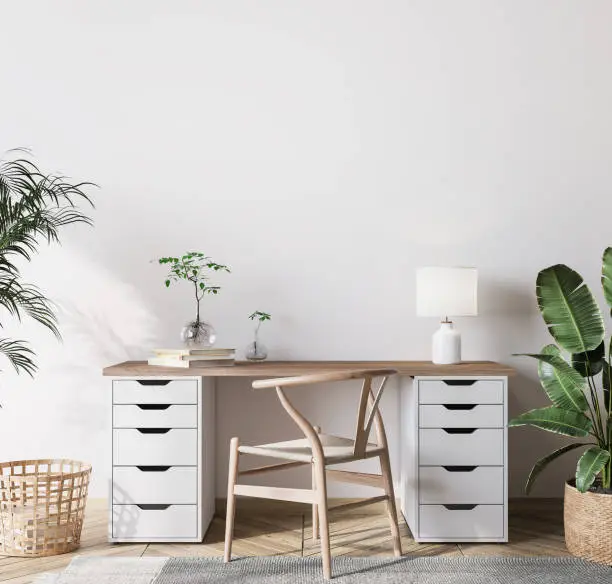 Photo of mock up wall in bright farmhouse interior background, wooden office