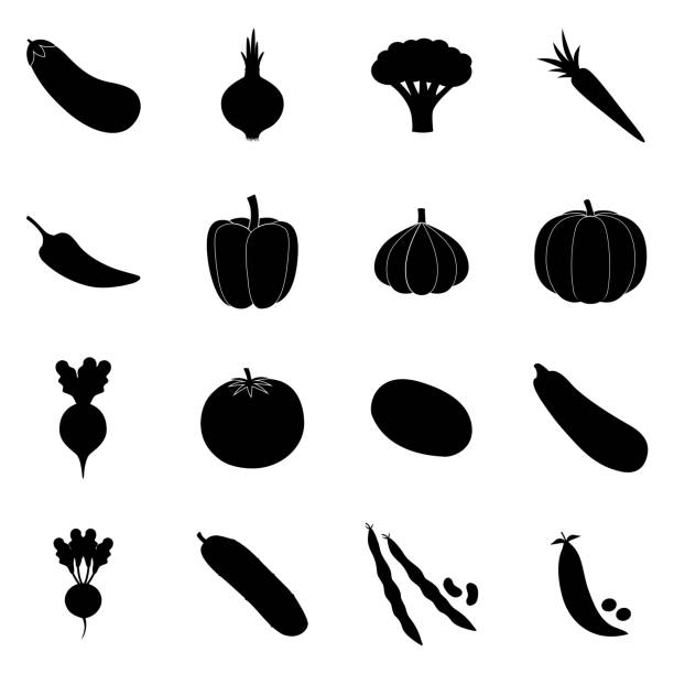 ilustrações de stock, clip art, desenhos animados e ícones de set of black vegetable icons, vector illustration - pimento