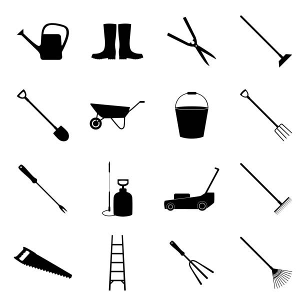 ilustrações, clipart, desenhos animados e ícones de conjunto de ícones de jardinagem, ilustração vetorial - watering can shovel rake silhouette