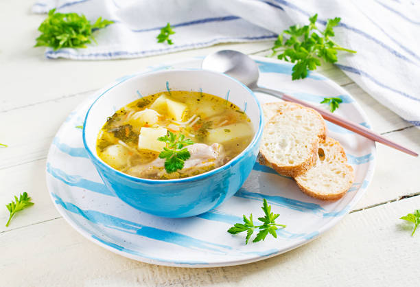 istock Chicken soup with noodles and vegetables in bowl. 1296313134