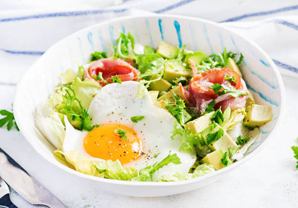 istock Ketogenic, paleo diet. Fried egg, prosciutto, avocado and fresh salad.  Keto breakfast. Brunch. 1296313657