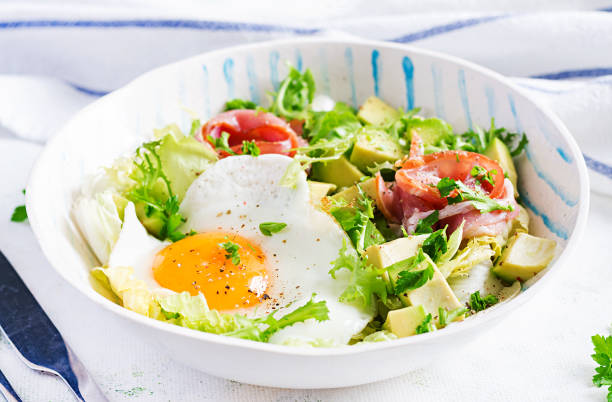 istock Ketogenic, paleo diet. Fried egg, prosciutto, avocado and fresh salad.  Keto breakfast. Brunch. 1296313662