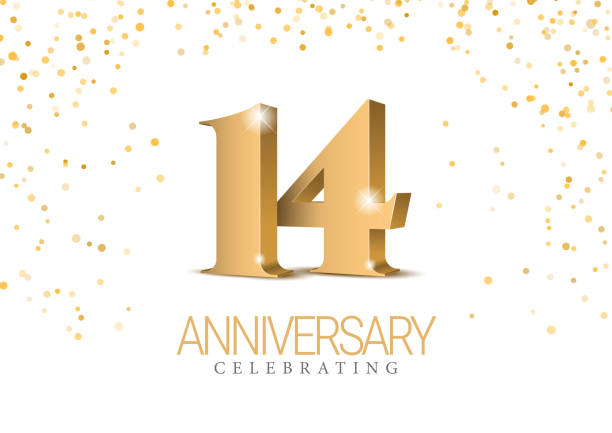Anniversary 14. gold 3d numbers. Anniversary 14. gold 3d numbers. Poster template for Celebrating 14th anniversary event party. Vector illustration circa 14th century stock illustrations