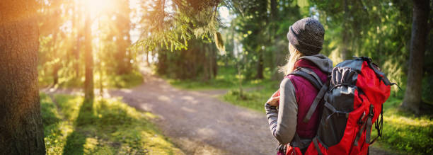 istock Woman hiking and going camping in nature 1296315424
