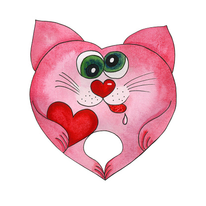 Love cat in shape of heart for Valentine's Day. Hand-drawn watercolor illustration isolated on white background