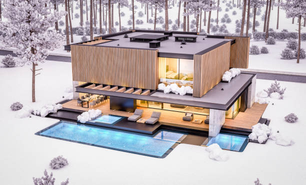 istock 3d rendering of modern house with wood plank facade in winter evening 1296320123
