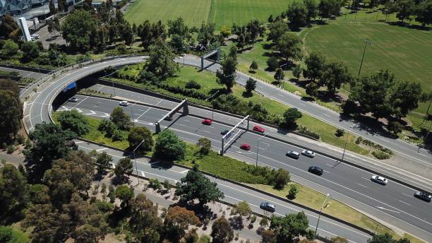 istock Aerial road with curved overpass 1296320262
