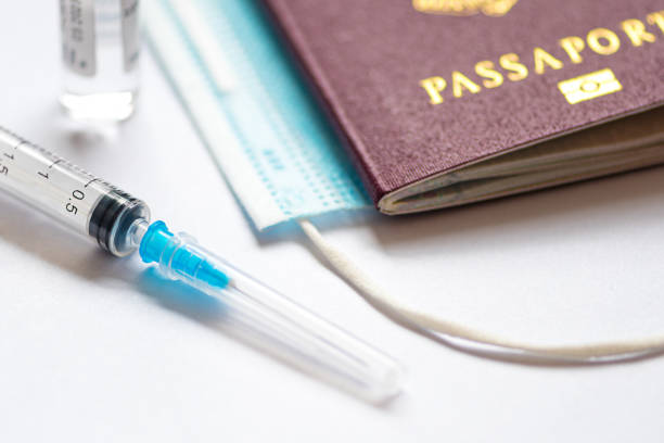 istock Syringe with needle, vial, surgical face mask and passport or visa on a white table ready to be used 1296321386
