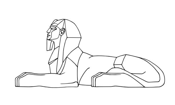 ilustrações de stock, clip art, desenhos animados e ícones de lying ancient egyptian sphinx, for tourist logo or emblem, symbol of egypt, lion with human head, black ink lines - luxor