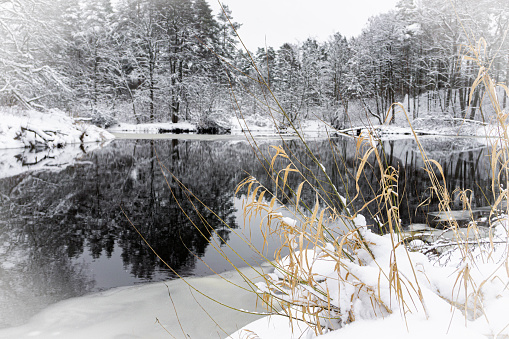 Winter scenery with snowy forest, frozen river and yellow color accents