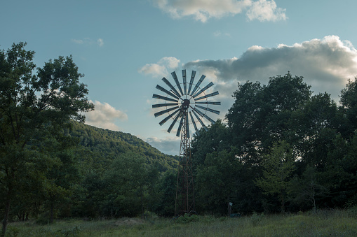 a windmill in nature, garden, trees