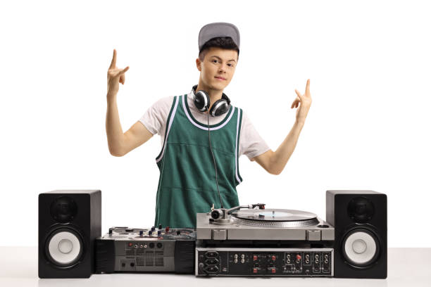 istock Young male dj with vinyl turntable gesturing a sign 1296325967