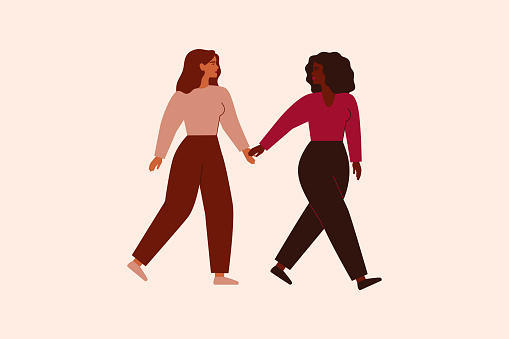 Two strong females walk together and hold arms. Black woman supports and leads her friend forward. Friendship, feminism movement and Sisterhood concept. Vector flat illustration