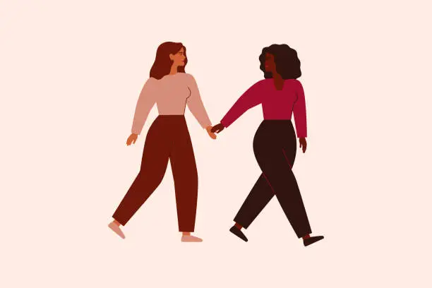 Vector illustration of Two strong females walk together and hold arms. Black woman supports and leads her friend forward. Friendship, feminism movement and Sisterhood concept.