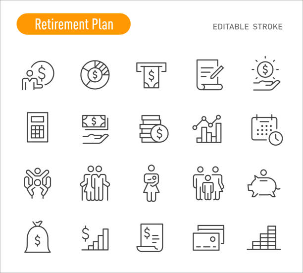 ilustrações de stock, clip art, desenhos animados e ícones de retirement plan icons - line series - editable stroke - pension retirement benefits perks