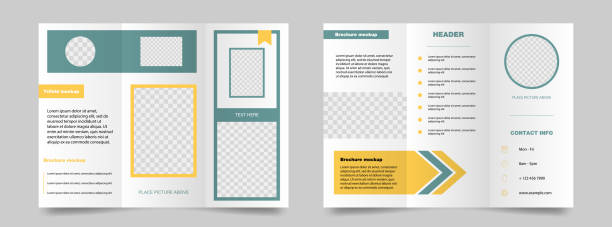 istock Trifold brochure mockup. Green and yellow magazine poster. Editable presentation banner. Business trifold booklet. Isolated brochure template. Vector illustration. EPS 10. 1296331348