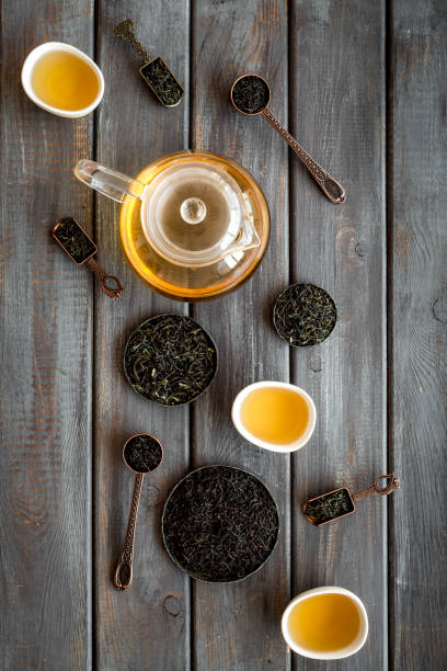 istock Tea ceremony concept. Hot and dry tea in teapot and cups, top view 1296332313