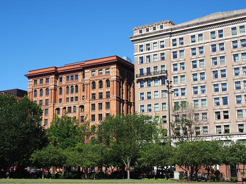 Philadelphia, USA - June 11, 2019: Image of the Philadelphia Bourse and Hotel Monaco located near Independence National Historical Park in downtown Philadelphia.