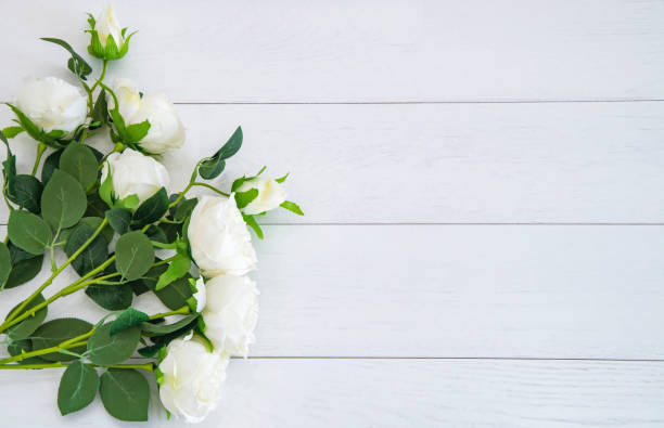 istock Festive background colorful roses on wooden white background, copy space. 1296333426