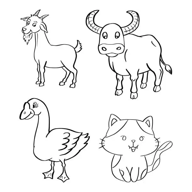 Vector illustration of Hand drawn Farm Animals Collection Coloring  page for kids