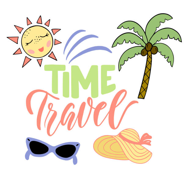 skład napisu - podróż w czasie - z kolorowymi elementami wektorowymi słońce, kapelusz, okulary, palma na białym tle. do projektowania plakatów, nadruków na koszulkach, okładkach, torbach - weather time travel locations nature stock illustrations