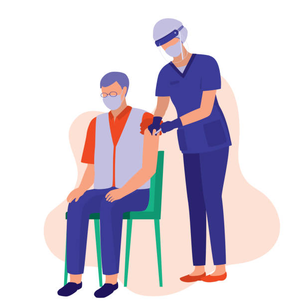 Old Man Receives Covid-19 Vaccine In His Upper Arm. Coronavirus Vaccination Concept. Vector Illustration Flat Cartoon. Nurse In Protective Face Shield And Mask Injecting Vaccine Into The Patient. nurse face shield stock illustrations