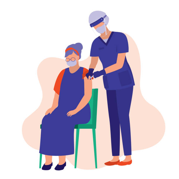 Old Woman Receives Covid-19 Vaccine In His Upper Arm. Coronavirus Vaccination Concept. Vector Illustration Flat Cartoon. Nurse In Protective Face Shield And Mask Injecting Vaccine Into The Patient. nurse face shield stock illustrations