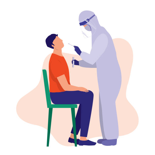 Young Man Receives COVID-19 Nasal Swab Test. Coronavirus Medical Test And Prevention Concept. Vector Illustration Flat Cartoon. Nurse In Protective Suit Performing A Nasal Swab Test On Patient. nurse face shield stock illustrations