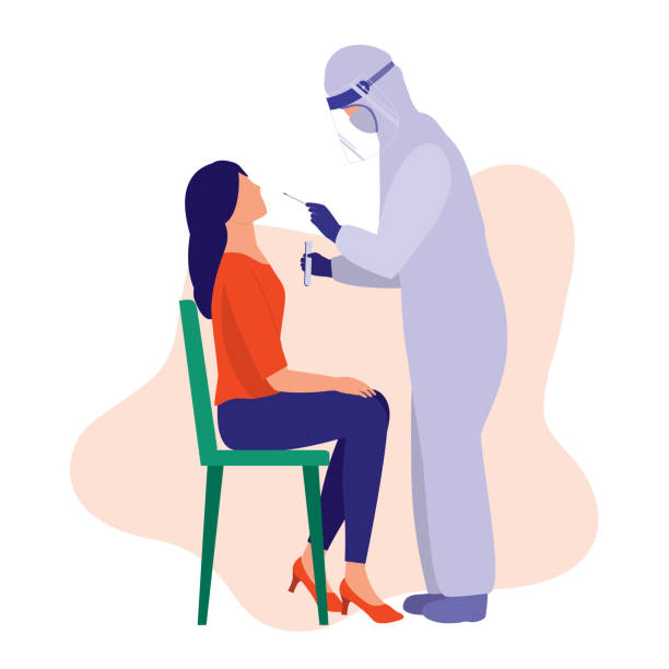 Young Woman Receives COVID-19 Nasal Swab Test. Coronavirus Medical Test And Prevention Concept. Vector Illustration Flat Cartoon. Nurse In Protective Suit Performing A Nasal Swab Test On Patient. nurse face shield stock illustrations