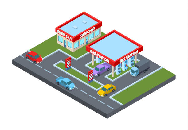 концепция строительства азс 3d изометрический вид. вектор - isometric gas station transportation car stock illustrations