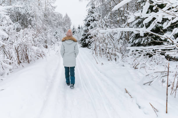 istock Young woman walking on snow covered forest. Beautiful winter time. Back view. 1296337669