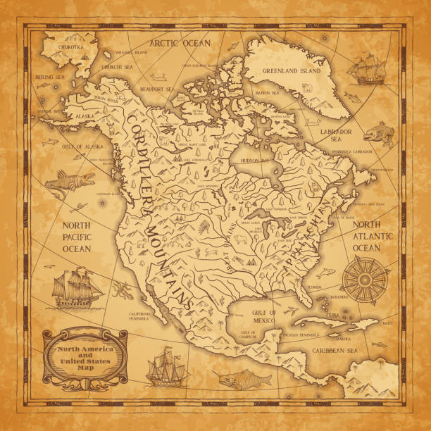 ilustraciones, imágenes clip art, dibujos animados e iconos de stock de mapa antiguo del continente de américa del norte en papel antiguo - adventure history map backgrounds