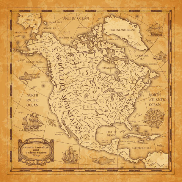 북미 대륙 고대 지도 에 오래 된 종이 - cartography map retro revival usa stock illustrations