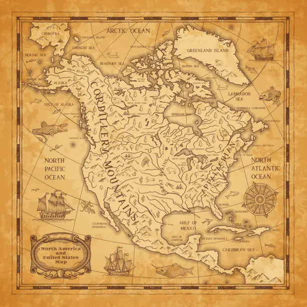 Vector illustration of North America continent ancient map on old paper