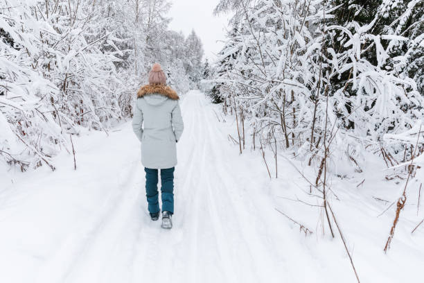 istock Young woman walking on snow covered forest. Beautiful winter time. Back view. 1296337756