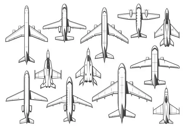 Vector illustration of Modern civil and military aircraft vector set