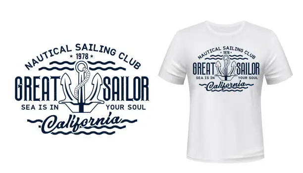 Vector illustration of Nautical sailing club t-shirt vector print mockup