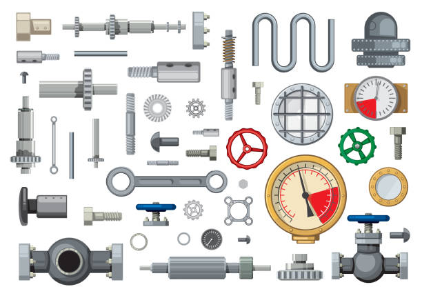 Mechanisms engineering spare parts cartoon vector Mechanisms spare parts and engineering industry elements cartoon vector set. Worm, bevel, and helical gears, pipeline gate valves, piston pin and pressure gauges, hydraulic cylinder, bolts and gaskets machine valve stock illustrations