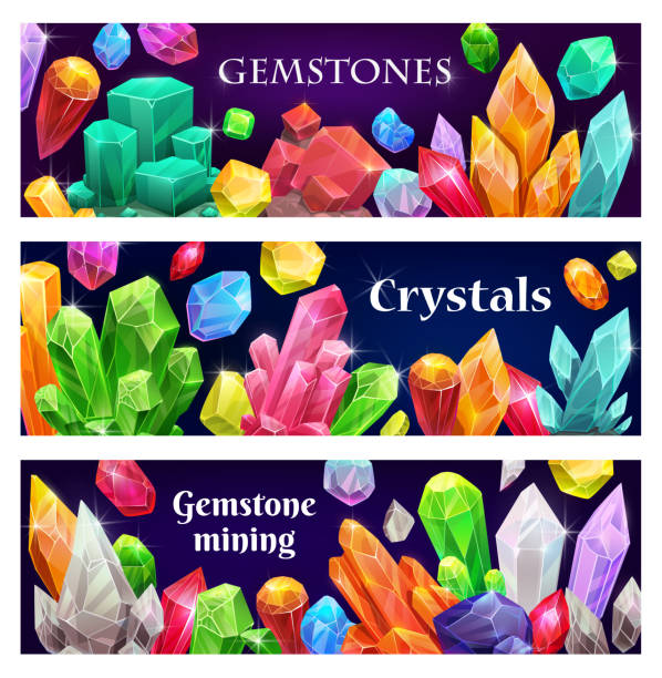 ilustrações de stock, clip art, desenhos animados e ícones de precious crystals and gems, jewelry vector banners - malachite mineral stone jewelry