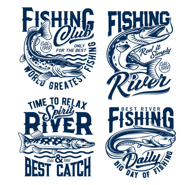 Fishing club, fishes t shirt prints, fisher club Fishing club, fishes t shirt prints, fisher club vector emblems and water waves icons. River fishing for pike and catfish on rod hooks, fishery sport and big catch quotes for t-shirt prints catfish stock illustrations