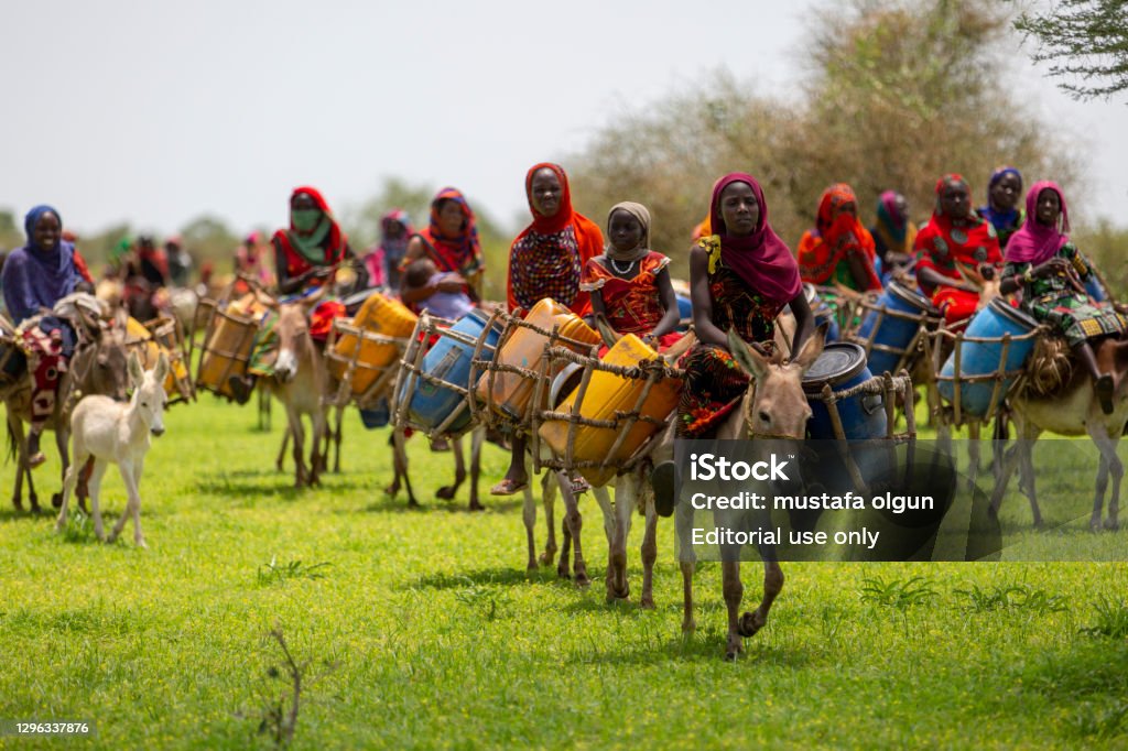 Chad women went out to find water Due to insufficient resources in Chad, people travel to water resources tens of kilometers every day Chad - Central Africa Stock Photo
