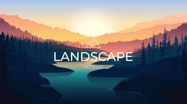 Vector illustration of Landscape with silhouettes of mountains and Mountain river. Nature background.