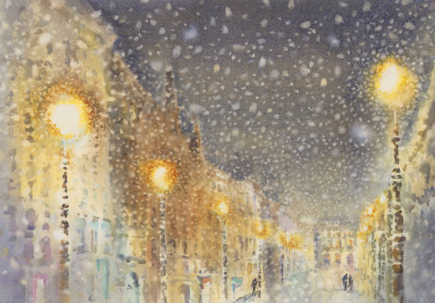 zimowa ilustracja z domami na nocnym niebie ze śniegiem - christmas window magic house stock illustrations