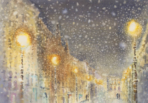 istock Winter illustration with houses on night sky with snow background 1296338014