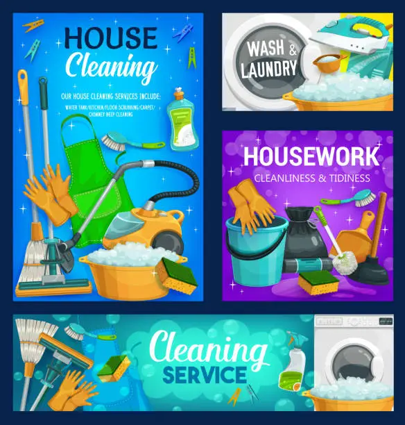 Vector illustration of House cleaning service, home cleaners of household